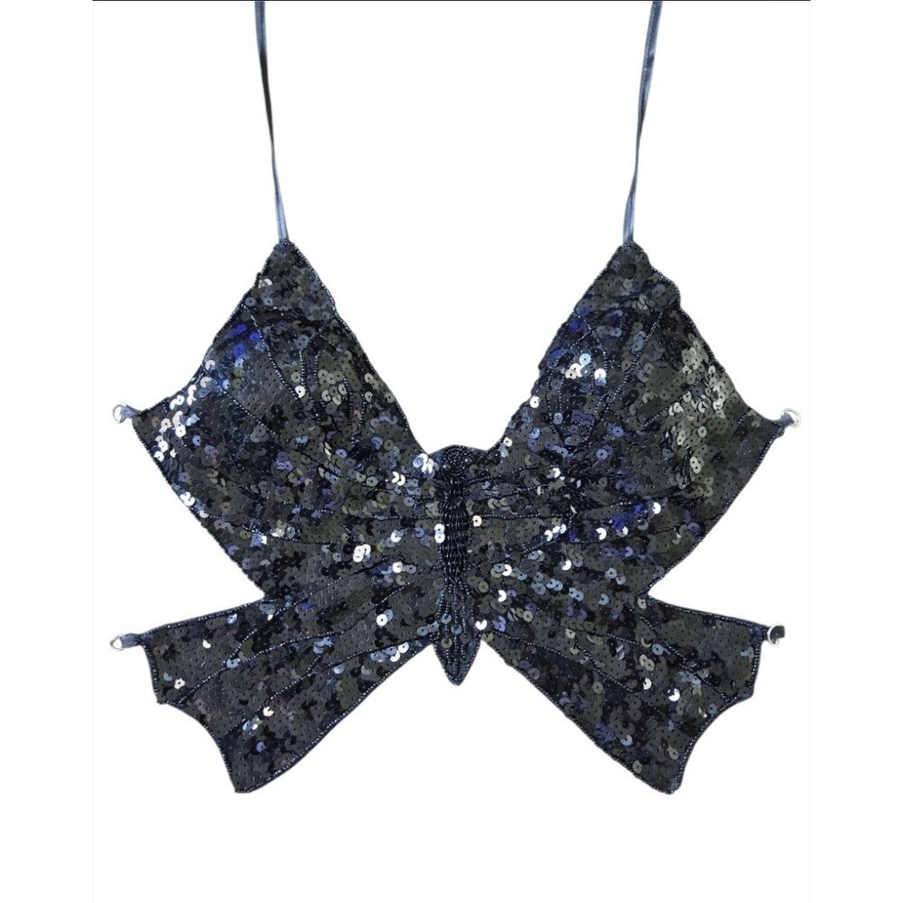 Black Sequin Butterfly Bra Top Beaded Festival Rave Belly Dance Open Back OS - Picture 4 of 8